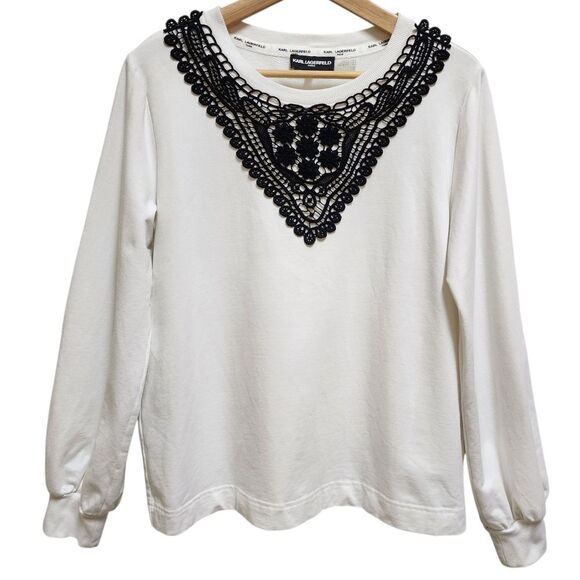 Karl Lagerfeld Sweatshirt Womens M White Black Modal Embroidered Floral Long Slv - Picture 1 of 10